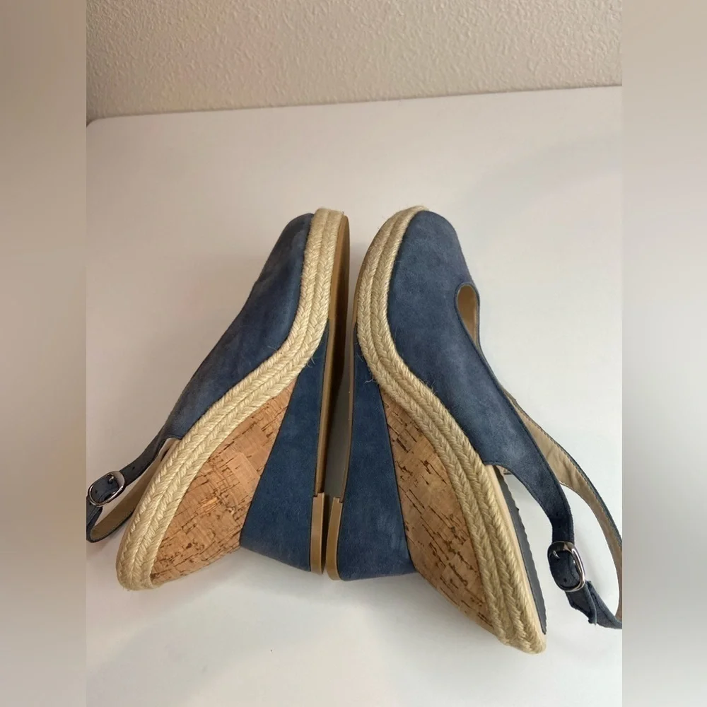 Audrey Brooke~Blue Faux Suede~Espadrille Cork Wedge~Peep Toe~Sandal~Size 8.5B